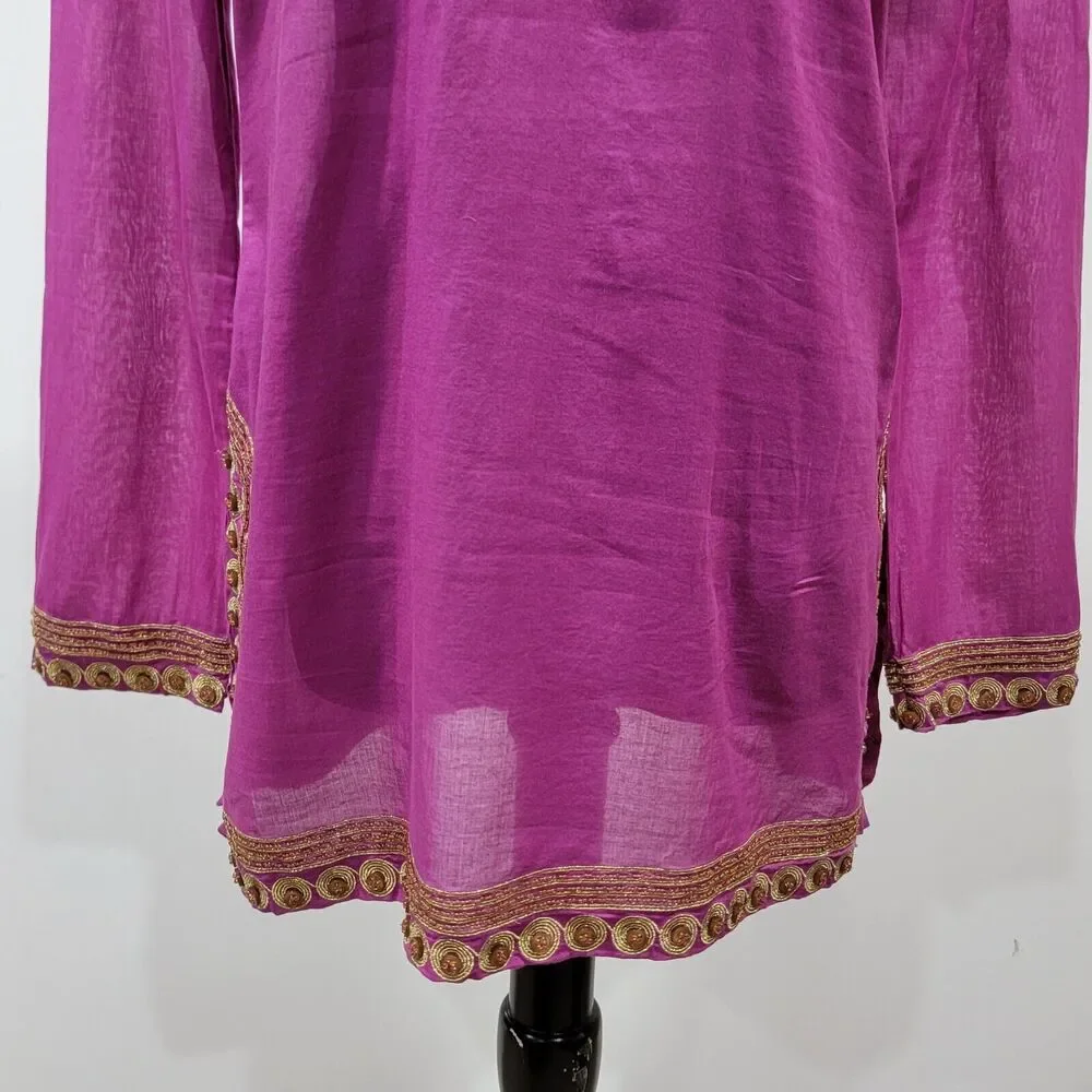 Tory Burch Magenta Sheer Gold Embroidered Beaded Button Trim Tunic Small Artsy - Picture 3 of 12